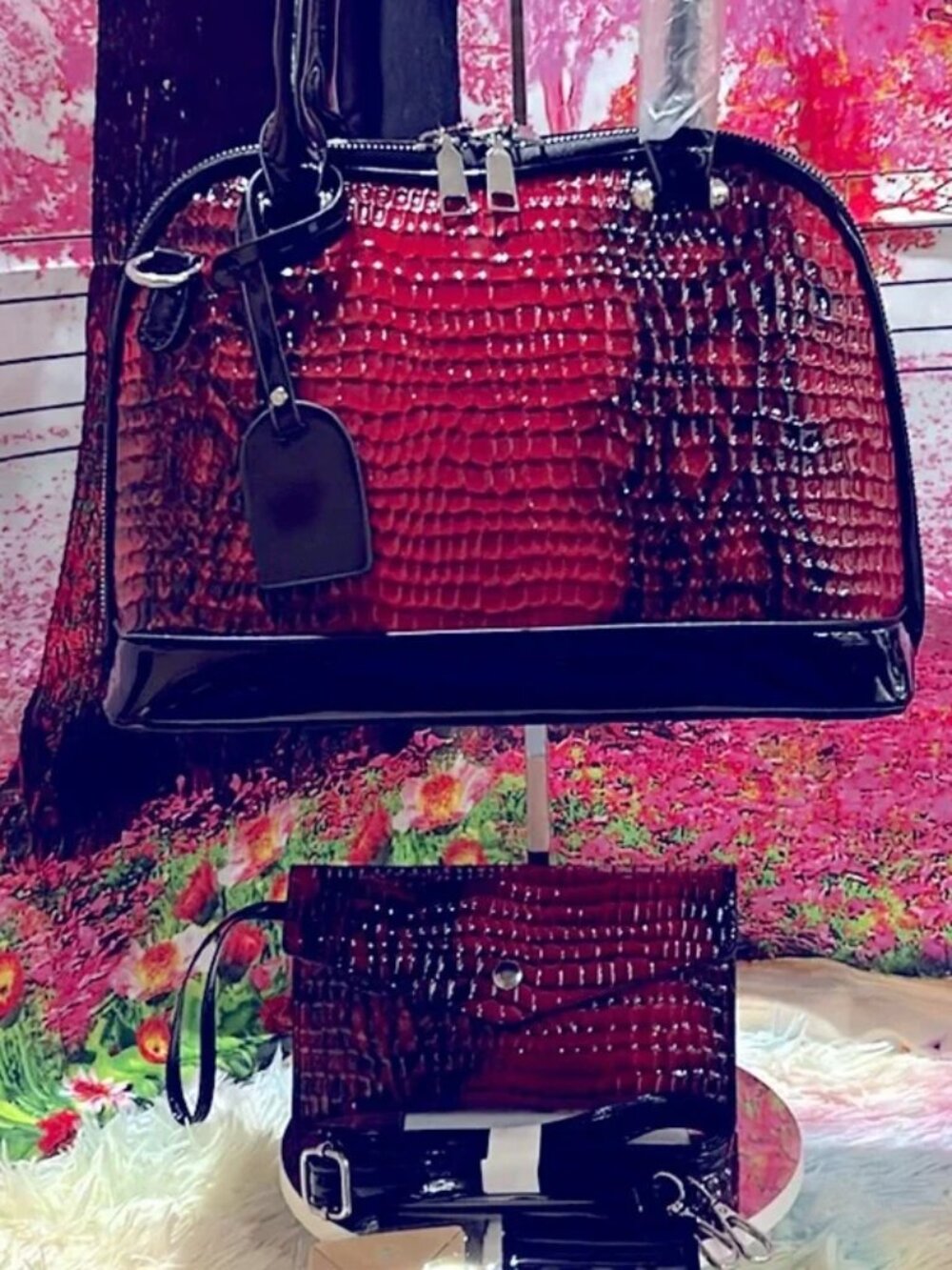 Croc Patten Leather Fashion Crossbody Bag Matching Wristlet NWT